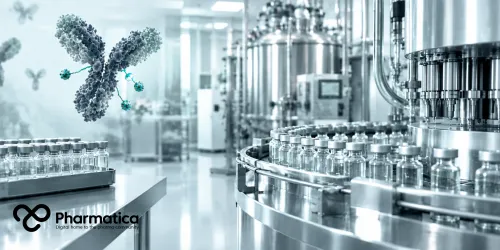 Pharmatica image representing the ADC lyophilisation process showing antibody-drug conjugate drug product vials in pharmaceutical manufacturing.