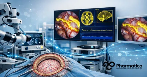 Pharmatica close‑up of robotic surgical instruments and endoscope performing AI‑assisted brain surgery, with glowing yellow cautery tip and neural outlines on monitor, symbolising precision, data integration, and edge‑computing surgical AI.