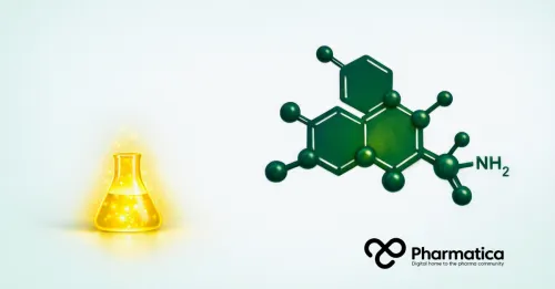 Pharmatica image of a small glowing molecule that sits beside a larger fully formed green molecule, representing the gap between a ligand and a drug.