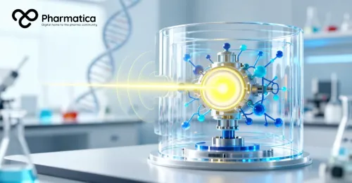 Pharmatica image of pharmaceutical AI safeguard stress tests, with realistic glass barriers, a visible controlled opening, integrated biological cues, and a restrained lemon-yellow bypass glow, that represent disrupted safeguards during an AI jailbreak.