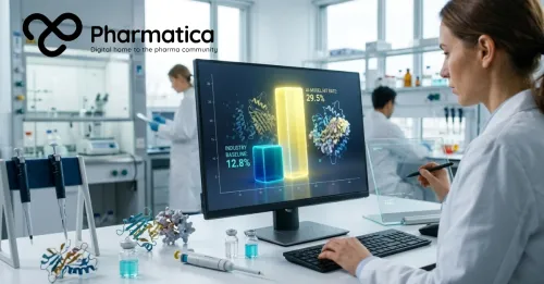 Abstract Pharmatica scientific data visualisation representing AI-assisted protein design research.