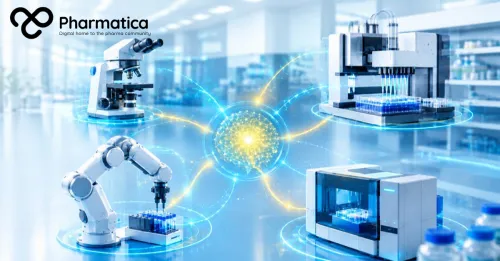 Pharmatica image of an AI agent connecting laboratory microscopes, liquid handlers and robotic equipment.