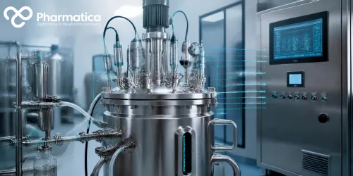 Pharmatica image of a bioreactor control system with process sensors and digital monitoring in pharmaceutical bioprocessing.
