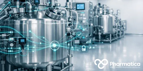 Pharmatica image of a pharmaceutical bioprocessing facility with stainless-steel bioreactors, process sensors, and connected digital manufacturing systems.