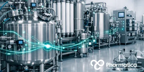 Pharmatica visual of connected upstream and downstream bioprocessing equipment for pharmaceutical purification and manufacturing.