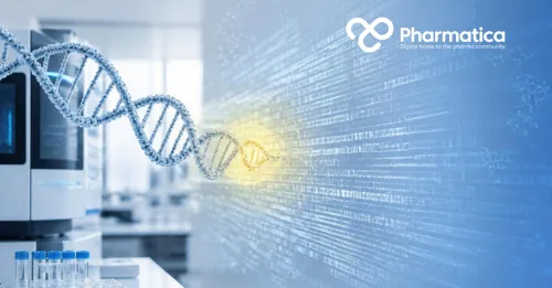 Pharmatica image showing AI agents scanning DNA patterns across a connected genomic network with an Innovation and AI yellow highlight.