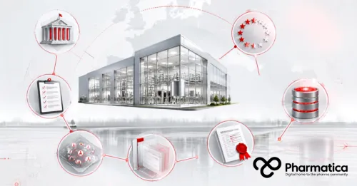 Pharmatica image representing EU GMP inspection coordination connecting pharmaceutical manufacturing sites, regulatory authorities, inspection teams and GMP compliance data.
