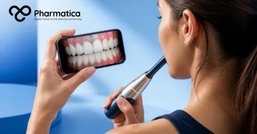 Pharmatica image showing the use of a healthcare digital technology and corresponding app, with computer vision detecting interdental spaces during AI-powered oral care.