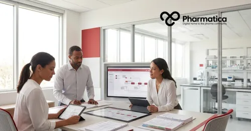Pharmatica image of pharmaceutical researchers collaborating on IND preparation and regulatory review.