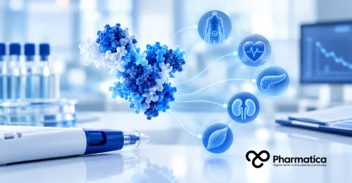 Pharmatica GLP-1 obesity clinical trial visual showing metabolic signalling connected to weight loss and patient outcomes.