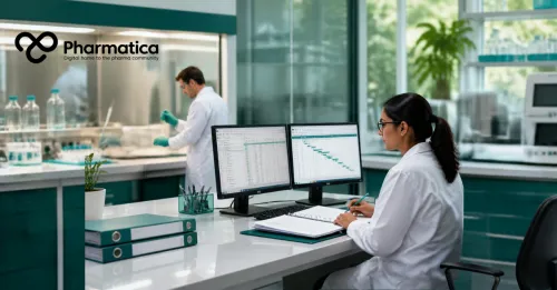 Pharmatica image for Quality Assurance review in a pharmaceutical laboratory showing GLP oversight of preclinical study records and research data.