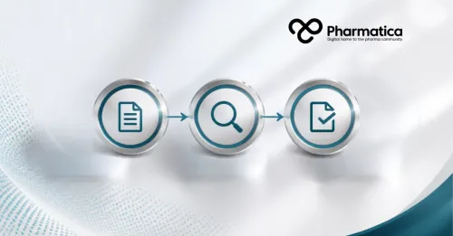 A three-step Pharmatica infographic showing the pre-inspection, execution, and post-inspection phases of a GMP inspection.