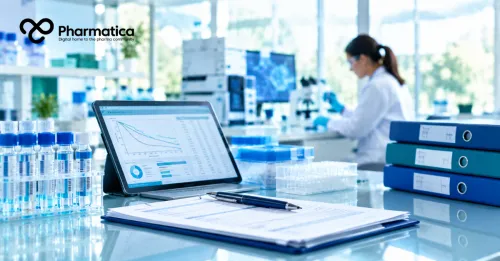Pharmatica image of a clinician reviewing patient data during a gynaecological oncology clinical trial in a modern oncology research setting.