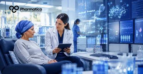 Pharmatica photo‑realistic editorial image of a healthcare professional discussing clinical data with a patient in a modern hospital setting, symbolising compassionate care and digital innovation in gynaecological oncology trials and clinical development.
