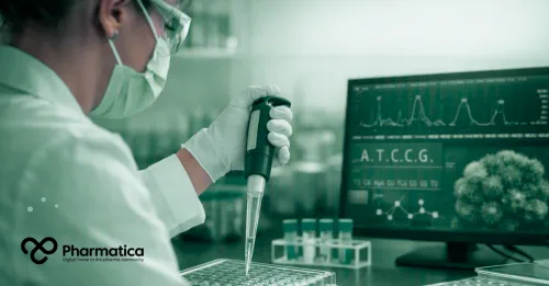 Pharmatica image of a medical researcher using a micro-pipette in a laboratory setting next to a screen displaying DNA sequencing data, illustrating precision medicine and gynaecological cancer drug development.
