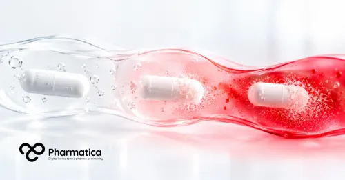 Pharmatica image of a red gradient bar with capsules dissolving at different points, representing gastric pH, drug absorption, and acid-reducing agent interactions.