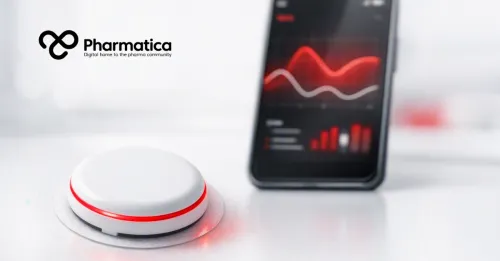 Pharmatica image of a Libre Duo-style wearable medical sensor representing continuous glucose and ketone monitoring.