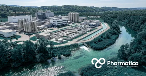 Pharmatica image of a pharmaceutical manufacturing facility connected to wastewater treatment infrastructure and a natural waterway, illustrating PFAS environmental management.