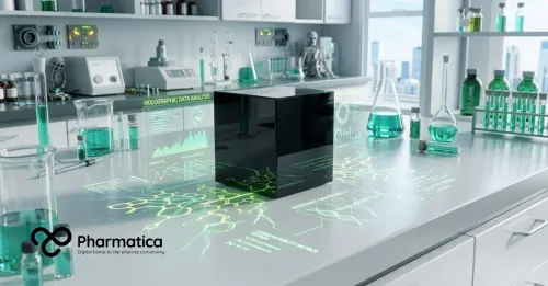 Pharmatica close-up, moody image of a laboratory bench under deep teal tones, highlighting a sleek black box surrounded by digital data lines and molecular structures to illustrate algorithmic interpretability.