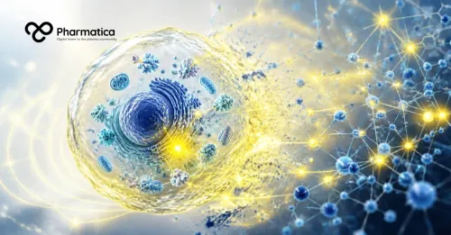 Pharmatica image of a bright abstract cell network in blue tones with one glowing yellow node, representing AI biology and virtual cell models.