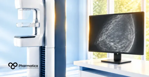 Pharmatica decorative view of a bright radiology reading room with blue-toned screens and a subtle yellow glow, illustrating AI-supported mammography reading.