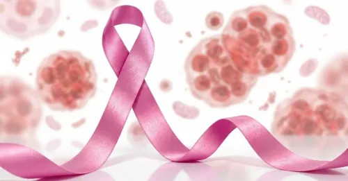 Pharmatica image of a pink satin ribbon flowing across a bright background with soft red cellular structures, representing Breast Cancer Awareness Month and scientific research in oncology.