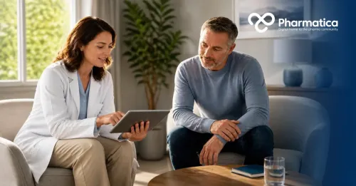 Pharmatica image of a clinician and patient reviewing a quality-of-life questionnaire on a tablet in blue light.