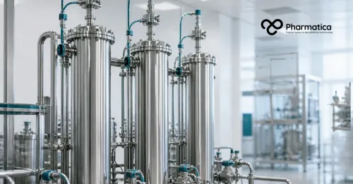 Pharmatica image of connected stainless-steel chromatography columns and sanitary pipework in a biopharmaceutical manufacturing facility.