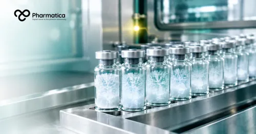 Pharmatica image to represent the controlled ice nucleation concept showing uniform ice formation across pharmaceutical vials during freeze-drying.