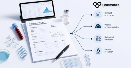 Pharmatica clinical trial data visualisation representing depression research, biological samples, patient data, and pharmacogenetic analysis.