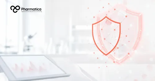 Pharmatica image of a bright clinical technology space with a translucent red shield and network graphic suggesting AI safeguards in medical devices.