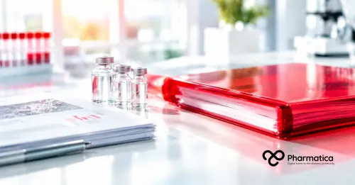 Pharmatica image of a bright pharmaceutical regulatory workspace with a red dossier and laboratory sample vials, representing the FDA Rare Disease Framework Initiative.