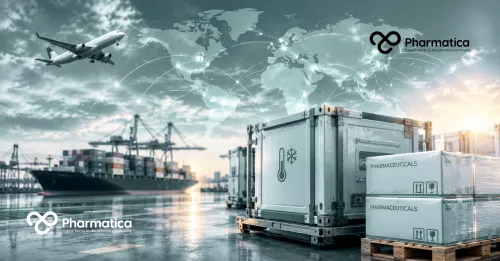 Pharmatica image showing temperature-controlled cold chain cargo containers and pharmaceutical boxes set against a global trade logistics network featuring cargo ships and airplanes.