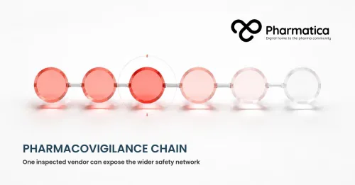 Pharmatica image showing a connected pharmacovigilance vendor chain with one link highlighted for regulatory inspection in vivid red.