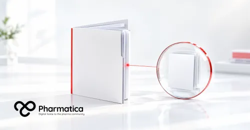 Pharmatica image showing a pharmacovigilance master file beside an inspection access lens, representing immediate PSMF inspection readiness with vivid red accents.