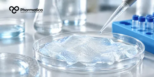 Pharmatica image of a transparent hydrogel scaffold and laboratory culture materials representing research into marine-derived collagen for cell culture and tissue engineering.