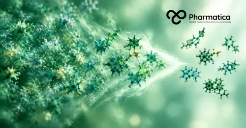 Pharmatica graphic visual showing drug candidates narrowing through the machine learning discovery pipeline.