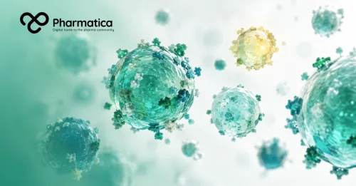 Pharmatica image showing nanoparticles coated with protein structures in soft green light.