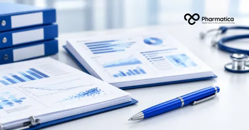 Pharmatica image of clinical research papers and statistical plots on a bright desk, representing the interpretation of clinical trial evidence.