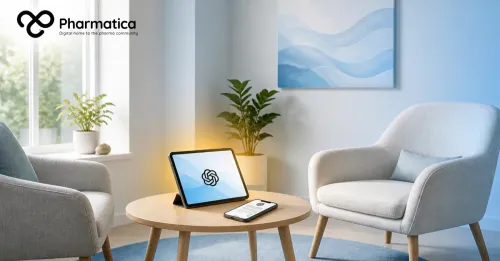 Pharmatica image of a bright, calm consultation space with a glowing yellow light on a tablet, representing OpenAI MentalHealthBench and AI mental health evaluation.