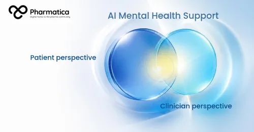 Pharmatica image of two overlapping translucent blue circles with a glowing yellow overlap, representing clinician and patient perspectives on AI mental health support.