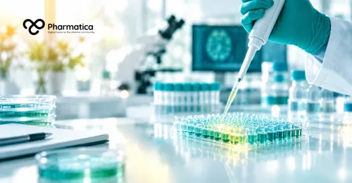 Pharmatica image of a precision pipette above a laboratory assay plate in a bright neuroscience research setting, representing Parkinson&rsquo;s drug target discovery.