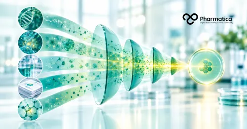 Pharmatica visual of a green funnel narrowing from a broad evidence base to a focused research target, illustrating evidence-led prioritisation in drug discovery.