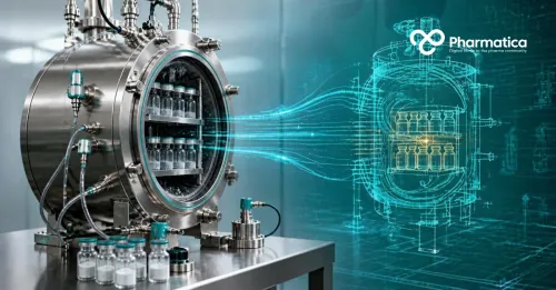 Pharmatica image of the pharmaceutical freeze-drying process representing PAT sensors, process modelling, digital twins, and continuous manufacturing.