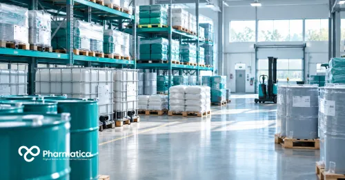 Pharmatica image of organised industrial materials in a modern logistics facility representing pharmaceutical manufacturing supply chain resilience.
