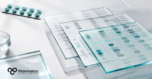Pharmatica image showing translucent clinical data layers being curated and standardised in a bright pharmaceutical data environment.