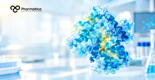 Pharmatica close-up image of a blue protein structure with a subtle yellow accent illustrating biological provenance in AI-designed proteins