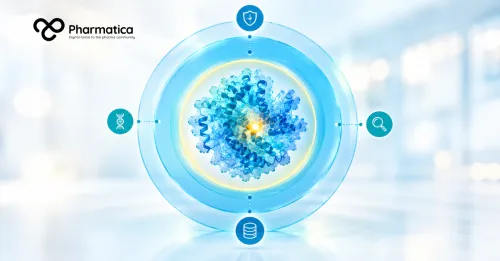 Pharmatica image of a blue protein structure surrounded by translucent protective layers, illustrating the role of watermarking within a broader AI biosecurity system.