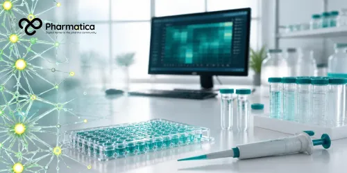 Pharmatica visual of an abstract network of glowing nodes linking gene targets to laboratory vials, illustrating virtual assay target prioritisation.