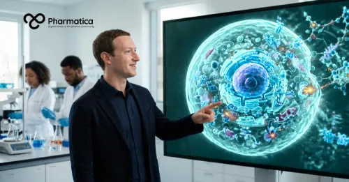 Pharmatica image of Mark Zuckerberg in a bright modern laboratory viewing a high-resolution 3D virtual cell model on a display screen, representing AI biology and computational cell research.